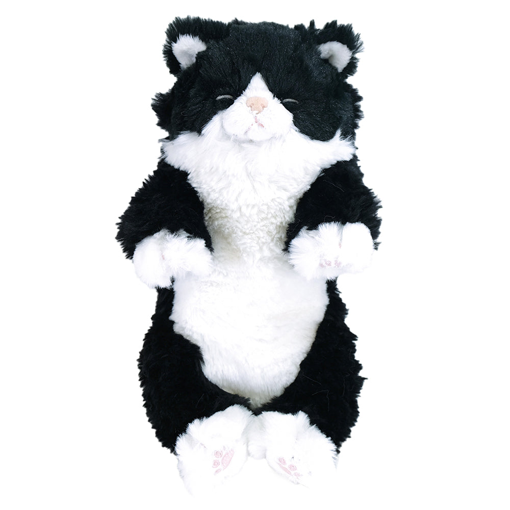 Peluche morbido a forma di gatto smoking bianco e nero che dorme