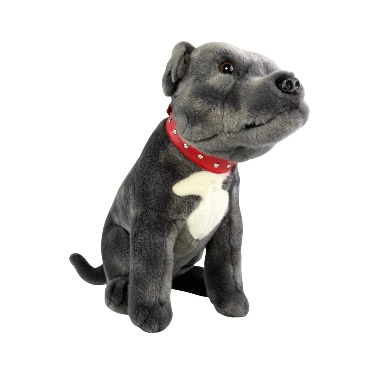 Fermaporta in peluche appesantito a forma di cane grigio seduto con collare rosso borchiato