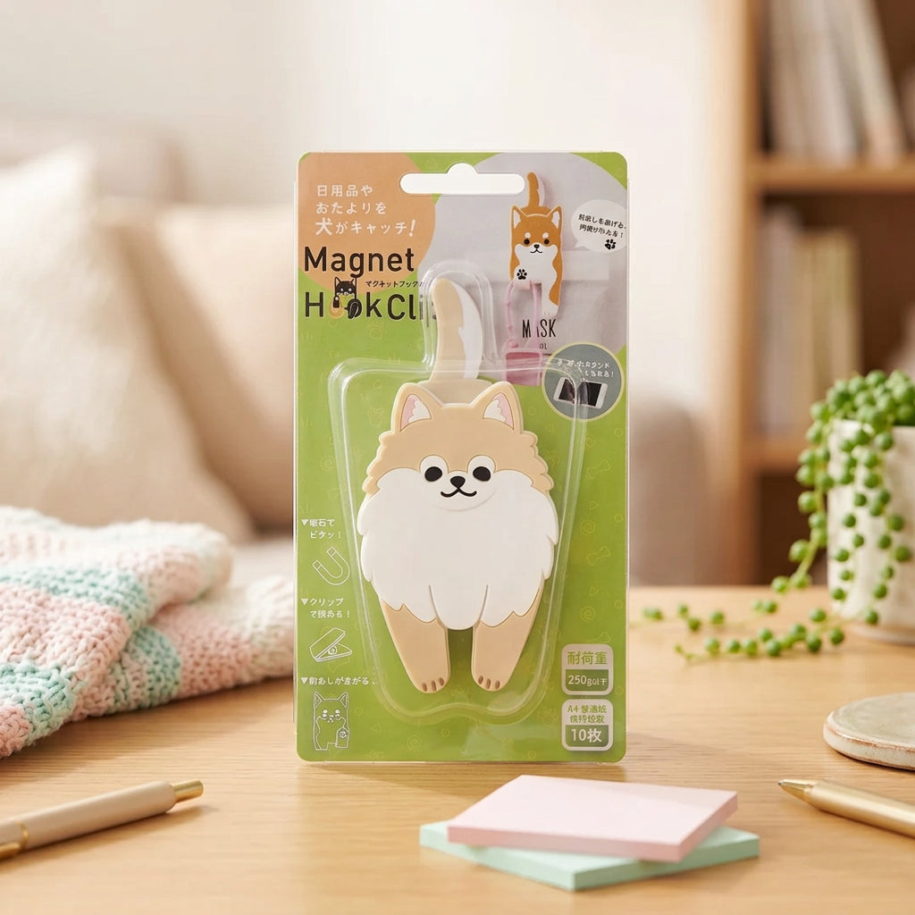 Gancio magnetico da frigorifero a forma di cane Pomerania crema con clip portamemo