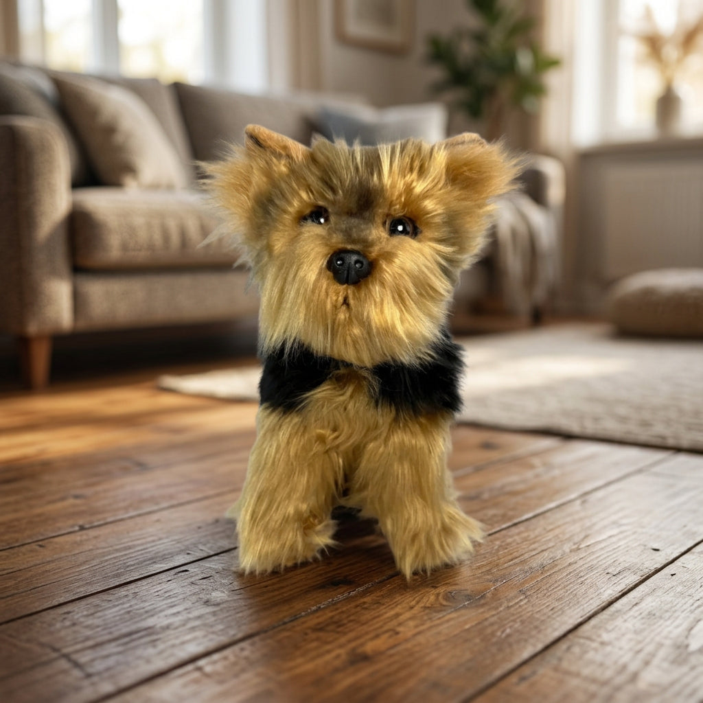 Realistico Giocattolo di Peluche Morbido a Forma di Terrier Seduto Marrone Chiaro e Nero