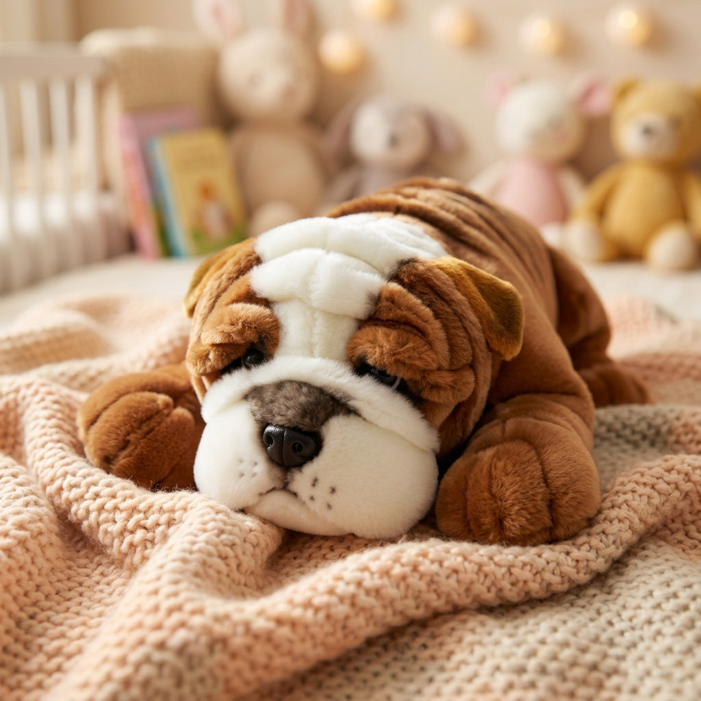 Realistico peluche a forma di bulldog marrone e bianco in posizione sdraiata