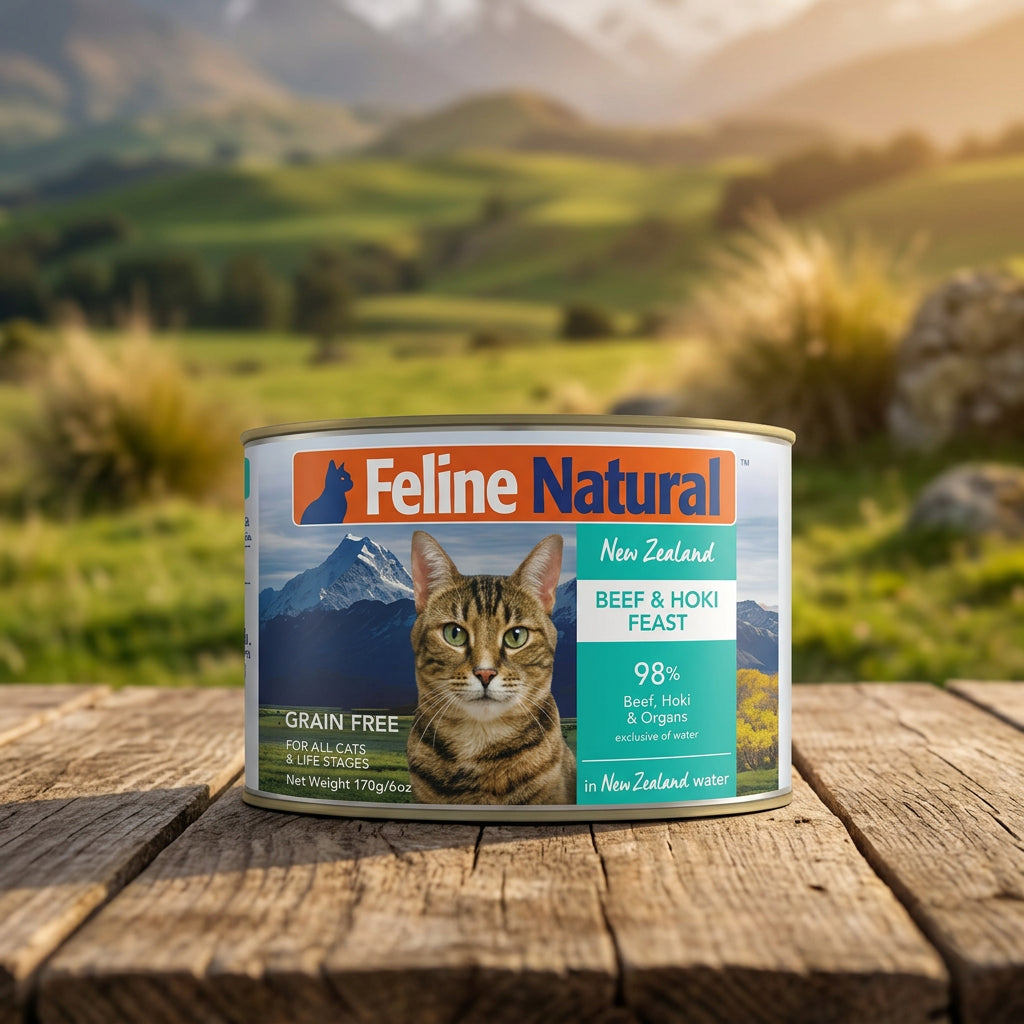Cibo umido in scatola senza cereali per gatti con manzo e hoki