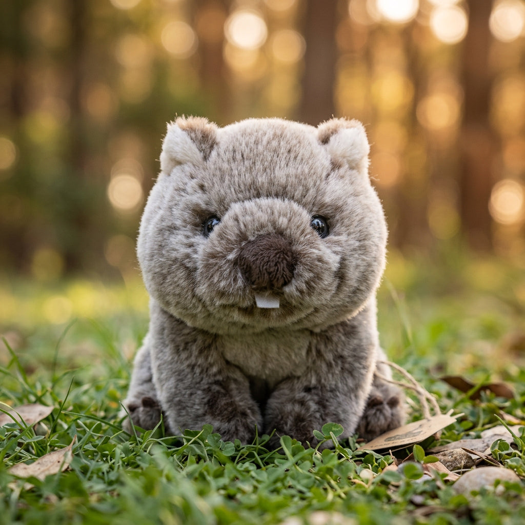 Piccolo peluche di vombato grigio-marrone con orecchie arrotondate