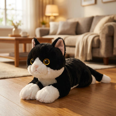 Peluche di gatto tuxedo bianco e nero in posa sdraiata